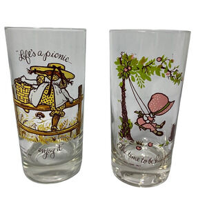 Two 60's Holly Hobbie Girl Glasses American Greeting Water Tumblers Vintage